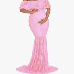 Elegant Pink Off-Shoulder Lace Gown